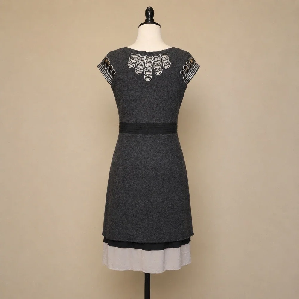 Tory Burch Wool Silk Layered Hem Dress XS Grey Sequin Embellished Excellent